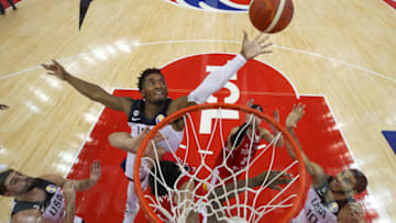Donovan Mitchell of the US goes up for the ball during the first round Group E match between the USA and Turkey at the 2019 Basketball World Cup at the Oriental Sports Center in Shanghai on September 3, 2019. (Photo by Lintao Zhang / POOL / AFP) (Photo credit should read LINTAO ZHANG/AFP/Getty Images)