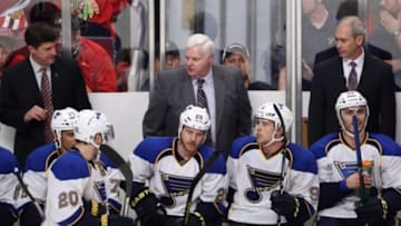 Apr 23, 2014; Chicago, IL, USA; St. Louis Blues head coach Ken Hitchcock (middle) during the third period in game four of the first round of the 2014 Stanley Cup Playoffs against the Chicago Blackhawks at United Center. Mandatory Credit: Jerry Lai-USA TODAY Sports