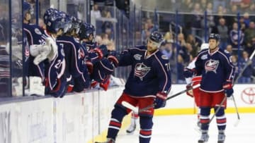 Nov 4, 2014; Columbus, OH, USA; Columbus Blue Jackets left wing Nick Foligno (71) celebrates a goal against the Carolina Hurricanes during the third period at Nationwide Arena. Carolina defeated Columbus 4-2. Mandatory Credit: Russell LaBounty-USA TODAY Sports