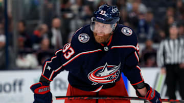 Apr 28, 2022; Columbus, Ohio, USA; Columbus Blue Jackets right wing Jakub Voracek (93) waits for the face-off against the Tampa Bay Lightning in the second period at Nationwide Arena. Mandatory Credit: Aaron Doster-USA TODAY Sports