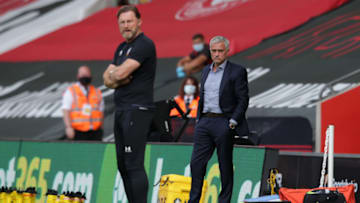SOUTHAMPTON, ENGLAND - SEPTEMBER 20: Ralph Hasenhuttl of Southampton and Jose Mourinho of Tottenham Hotspur during the Premier League match between Southampton and Tottenham Hotspur at St Mary's Stadium on September 20, 2020 in Southampton, England. (Photo by Robin Jones/Getty Images)