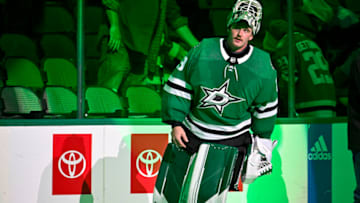 Oct 27, 2022; Dallas, Texas, USA; Dallas Stars goaltender Jake Oettinger (29) is named the number one Star in the Stars victory over the Washington Capitals at the American Airlines Center. Mandatory Credit: Jerome Miron-USA TODAY Sports