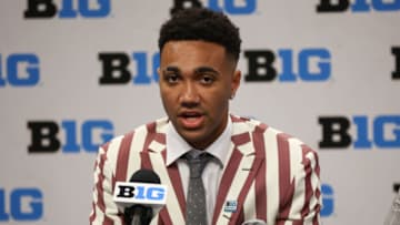 Oct 11, 2022; Minneapolis, Minnesota, US; Indiana Hoosiers player Trayce Jackson-Davis speaks to the media during the Big Ten media days at Target Center. Mandatory Credit: Matt Krohn-USA TODAY Sports