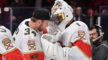 MONTREAL, QC - MARCH 19: James Reimer #34 celebrates with Roberto Luongo #1 of the Florida Panthers after defeating the Montreal Canadiens in the NHL game at the Bell Centre on March 19, 2018 in Montreal, Quebec, Canada. (Photo by Francois Lacasse/NHLI via Getty Images)