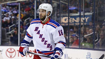 Apr 4, 2016; Columbus, OH, USA; New York Rangers center Derick Brassard (16) against the Columbus Blue Jackets at Nationwide Arena. The Rangers won 4-2. Mandatory Credit: Aaron Doster-USA TODAY Sports