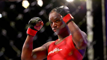 ATLANTIC CITY, NEW JERSEY - JUNE 10: Claressa Shields of the United States makes her entrance before her debut bout with Brittney Elkin of the United States during the lightweight division in Ovation Hall at Ocean Casino Resort on June 10, 2021 in Atlantic City, New Jersey. (Photo by Elsa/Getty Images)