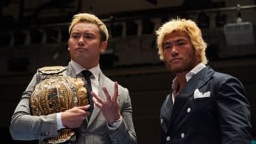 TOKYO, JAPAN - OCTOBER 07: Kazuchika Okada and SANADA pose for photographs after a signing ceremony during the New Japan Pro-Wrestling New Japan Road at Korakuen Hall on October 07, 2019 in Tokyo, Japan. (Photo by Etsuo Hara/Getty Images)