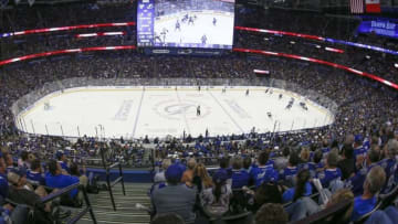 May 18, 2016; Tampa, FL, USA; A general view of the arena during game three of the Eastern Conference Final of the 2016 Stanley Cup Playoffs between the Tampa Bay Lightning and the Pittsburgh Penguins at Amalie Arena. The Penguins won 4-2.to take a 2-1 lead in the series. Mandatory Credit: Reinhold Matay-USA TODAY Sports