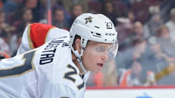 PHILADELPHIA, PA - OCTOBER 16: Nick Bjugstad #27 of the Florida Panthers looks on against the Philadelphia Flyers at the Wells Fargo Center on October 16, 2018 in Philadelphia, Pennsylvania. (Photo by Drew Hallowell/Getty Images)