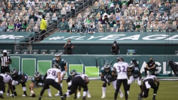 PHILADELPHIA, PA - OCTOBER 18: Fans watch the game between the Philadelphia Eagles and Baltimore Ravens at Lincoln Financial Field on October 18, 2020 in Philadelphia, Pennsylvania. (Photo by Mitchell Leff/Getty Images)