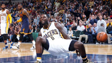INDIANAPOLIS, IN - APRIL 23: Lance Stephenson #6 of the Indiana Pacers reacts after being called for an offensive foul against the Cleveland Cavaliers in the first half of Game Four of the Eastern Conference Quarterfinals during the 2017 NBA Playoffs against at Bankers Life Fieldhouse on April 23, 2017 in Indianapolis, Indiana. NOTE TO USER: User expressly acknowledges and agrees that, by downloading and or using the photograph, User is consenting to the terms and conditions of the Getty Images License Agreement. (Photo by Joe Robbins/Getty Images)