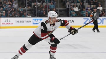 SAN JOSE, CALIFORNIA - DECEMBER 17: Taylor Hall #91 skates in his first game for the Arizona Coyotes against the San Jose Sharks during the third period of an NHL Hockey game at SAP Center on December 17, 2019 in San Jose, California. (Photo by Thearon W. Henderson/Getty Images)