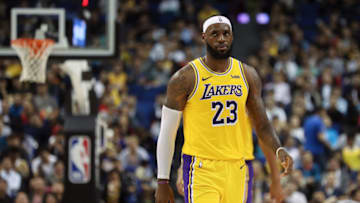 SHANGHAI, CHINA - OCTOBER 10: LeBron James #23 of the Los Angeles Lakers reacts during a preseason game against the Brooklyn Nets as part of 2019 NBA Global Games China at Mercedes-Benz Arena on October 10, 2019 in Shanghai, China. (Photo by Lintao Zhang/Getty Images)