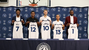 MINNEAPOLIS, MN - JULY 23: Jordan Bell #7, Treveon Graham #12, Jake Layman #10, Shabazz Napier #13 and Noah Vonleh #1 of the Minnesota Timberwolves. Copyright 2019 NBAE (Photo by David Sherman/NBAE via Getty Images)