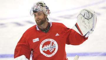 ARLINGTON, VIRGINIA - JULY 17: Braden Holtby #70 of the Washington Capitals looks on during practice at MedStar Capitals Iceplex on July 17, 2020 in Arlington, Virginia. The team continues to prepare for a return to play since NHL paused its season due to the coronavirus pandemic in March. (Photo by Patrick Smith/Getty Images)