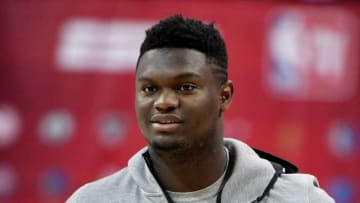 LAS VEGAS, NEVADA - JULY 14: Zion Williamson #1 of the New Orleans Pelicans warms up on the court before a semifinal game of the 2019 NBA Summer League against the Memphis Grizzlies at the Thomas & Mack Center on July 14, 2019 in Las Vegas, Nevada. NOTE TO USER: User expressly acknowledges and agrees that, by downloading and or using this photograph, User is consenting to the terms and conditions of the Getty Images License Agreement. (Photo by Ethan Miller/Getty Images)