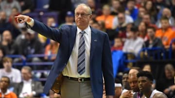 Mar 20, 2016; St. Louis, MO, USA; Syracuse Orange head coach Jim Boeheim reacts during the first half of the second round against the Middle Tennessee Blue Raiders in the 2016 NCAA Tournament at Scottrade Center. Mandatory Credit: Jasen Vinlove-USA TODAY Sports