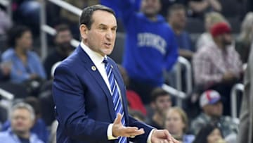 Dec 10, 2016; Las Vegas, NV, USA; Duke Blue Devils head coach Mike Krzyzewski debates a call during a game against the UNLV Runnin