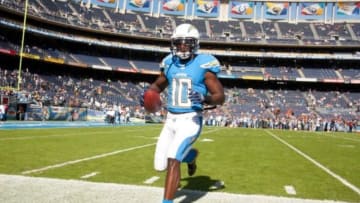 Dec 1, 2013; San Diego, CA, USA; San Diego Chargers wide receiver Lavelle Hawkins (10) warms up prior to the start of the Chargers game against the Cincinnati Bengals at Qualcomm Stadium. Mandatory Credit: Stan Liu-USA TODAY Sports