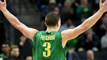 EUGENE, OREGON - MARCH 07: Payton Pritchard #3 of the Oregon Ducks encourages the crowd during the second half against the Stanford Cardinal at Matthew Knight Arena on March 07, 2020 in Eugene, Oregon. Oregon won 80-67. (Photo by Steve Dykes/Getty Images)