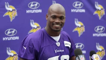 Jun 15, 2016; Minneapolis, MN, USA; Minnesota Vikings running back Adrian Peterson (28) answers questions after practice at mini camp. Mandatory Credit: Brad Rempel-USA TODAY Sports