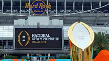 MIAMI GARDENS, FLORIDA - NOVEMBER 11: The College Football Playoff National Championship Trophy is displayed at Hard Rock Stadium on November 11, 2020 in Miami Gardens, Florida. The Championship game will be played at Hard Rock Stadium on January 11, 2021. (Photo by Joel Auerbach/Getty Images)