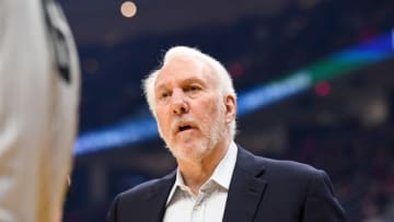 CLEVELAND, OHIO - MARCH 08: Head coach Gregg Popovich of the San Antonio Spurs argues a call during the first half against the Cleveland Cavaliers at Rocket Mortgage Fieldhouse on March 08, 2020 in Cleveland, Ohio. NOTE TO USER: User expressly acknowledges and agrees that, by downloading and/or using this photograph, user is consenting to the terms and conditions of the Getty Images License Agreement. (Photo by Jason Miller/Getty Images)