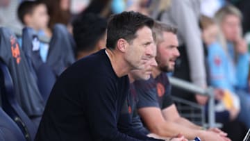 MANCHESTER, ENGLAND - OCTOBER 08: Gareth Taylor the manager of Manchester City looks on during the Barclays Women´s Super League match between Manchester City and Chelsea FC at Joie Stadium on October 08, 2023 in Manchester, England. (Photo by Alex Livesey/Getty Images)