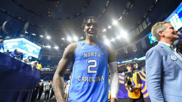Apr 2, 2022; New Orleans, LA, USA; North Carolina Tar Heels guard Caleb Love (2) celebrates after their win over the Duke Blue Devils after the game during the 2022 NCAA men's basketball tournament Final Four semifinals at Caesars Superdome. Mandatory Credit: Bob Donnan-USA TODAY Sports
