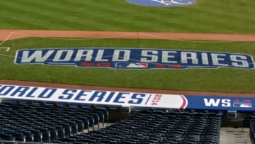 Oct 20, 2014; Kansas City, MO, USA; A general view of the field with logos before practice the day before the start of the 2014 World Series between the Kansas City Royals and San Francisco Giants at Kauffman Stadium. Mandatory Credit: Denny Medley-USA TODAY Sports