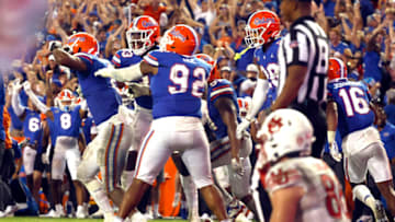 Sep 3, 2022; Gainesville, Florida, USA;Florida Gators linebacker Amari Burney (2) celebrate as he intercepted the ball against the Utah Utes during the second half at Steve Spurrier-Florida Field. Mandatory Credit: Kim Klement-USA TODAY Sports