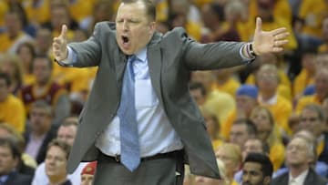 May 4, 2015; Cleveland, OH, USA; Chicago Bulls head coach Tom Thibodeau reacts in the fourth quarter against the Cleveland Cavaliers in game one of the second round of the NBA Playoffs at Quicken Loans Arena. Mandatory Credit: David Richard-USA TODAY Sports