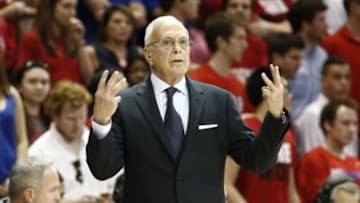 Mar 1, 2014; Dallas, TX, USA; Southern Methodist Mustangs head coach Larry Brown during the first quarter of a mens basketball game against the UCF Knights at Moody Coliseum. Mandatory Credit: Jim Cowsert-USA TODAY Sports