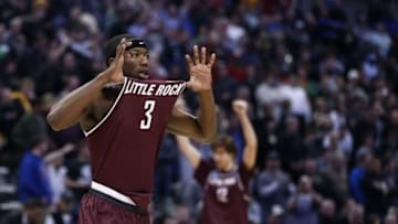 Mar 17, 2016; Denver , CO, USA; Arkansas Little Rock Trojans guard Josh Hagins (3) celebrates after winning during Purdue vs Arkansas Little Rock in the first round of the 2016 NCAA Tournament at Pepsi Center. Arkansas Little Rock Trojans won 85-83 over Purdue Boilermakers. Mandatory Credit: Isaiah J. Downing-USA TODAY Sports