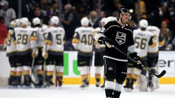 LOS ANGELES, CA - APRIL 15: Tobias Rieder #10 of the Los Angeles Kings looks on while the Vegas Golden Knights celebrate defeating the Los Angeles Kings 3-2 during Game Three of the Western Conference First Round during the 2018 NHL Stanley Cup Playoffs at Staples Center on April 15, 2018 in Los Angeles, California. (Photo by Sean M. Haffey/Getty Images)