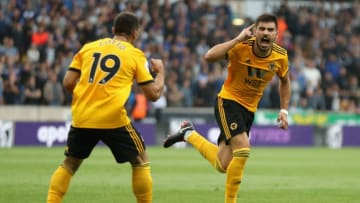 WOLVERHAMPTON, ENGLAND - AUGUST 11: Ruben Neves of Wolverhampton Wanderers celebrates after scoring their first goal during the Premier League match between Wolverhampton Wanderers and Everton FC at Molineux on August 11, 2018 in Wolverhampton, United Kingdom. (Photo by David Rogers/Getty Images)