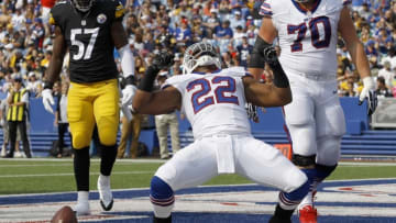 Aug 29, 2015; Orchard Park, NY, USA; Buffalo Bills running back Fred Jackson (22) celebrates his first quarter touchdown against the Pittsburgh Steelers at Ralph Wilson Stadium. Mandatory Credit: Timothy T. Ludwig-USA TODAY Sports
