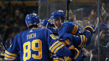 BUFFALO, NEW YORK - NOVEMBER 10: Tage Thompson #72 of the Buffalo Sabres celebrates with teammates after his goal during the first period of an NHL hockey game against the Vegas Golden Knights at KeyBank Center on November 10, 2022 in Buffalo, New York. (Photo by Joshua Bessex/Getty Images)