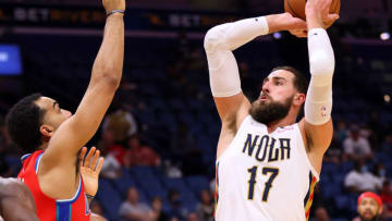 Jonas Valanciunas #17 of the New Orleans Pelicans shoots against Trey Lyles #8 of the Detroit Pistons (Photo by Jonathan Bachman/Getty Images)