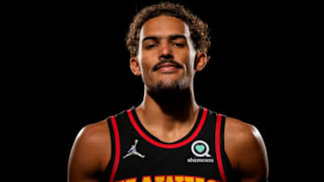 Sep 27, 2021; Atlanta, GA, USA; Atlanta Hawks guard Trae Young (11) shown at Hawks Media Day at held at PC&E. Mandatory Credit: Dale Zanine-USA TODAY Sports