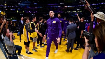 LOS ANGELES, CA - OCTOBER 20: Lonzo Ball #2 of the Los Angeles Lakers leads his team on to the floor before the season opening home game against the Houston Rockets at Staples Center on October 20, 2018 in Los Angeles, California. (Photo by Harry How/Getty Images)