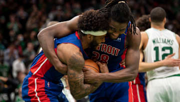 Saddiq Bey #41 celebrates with Isaiah Stewart #28 of the Detroit Pistons (Photo by Maddie Malhotra/Getty Images)