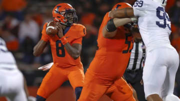CHAMPAIGN, IL - SEPTEMBER 21: M.J. Rivers II #8 of the Illinois Fighting Illini looks to pass the ball during the game against the Penn State Nittany Lions at Memorial Stadium on September 21, 2018 in Champaign, Illinois. (Photo by Michael Hickey/Getty Images)