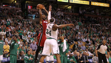 Udonis Haslem #40 of the Miami Heat attempts a shot against Paul Pierce #34(Photo by Jim Rogash/Getty Images)
