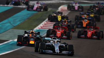 ABU DHABI, UNITED ARAB EMIRATES - DECEMBER 01: Lewis Hamilton of Great Britain driving the (44) Mercedes AMG Petronas F1 Team Mercedes W10 leads the field at the start during the F1 Grand Prix of Abu Dhabi at Yas Marina Circuit on December 01, 2019 in Abu Dhabi, United Arab Emirates. (Photo by Charles Coates/Getty Images)