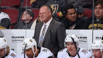 GLENDALE, ARIZONA - OCTOBER 10: Head coach Gerard Gallant of the Vegas Golden Knights watches from the bench during the second period of the NHL game against the Arizona Coyotes at Gila River Arena on October 10, 2019 in Glendale, Arizona. (Photo by Christian Petersen/Getty Images)