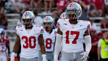 Sep 2, 2023; Bloomington, Indiana, USA; Ohio State Buckeyes linebacker Mitchell Melton (17) lines up during the NCAA football game at Indiana University Memorial Stadium. Ohio State won 23-3.
