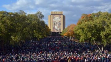 Oct 17, 2015; South Bend, IN, USA; General view of the Touchdown Jesus word of life mural on the facade of the Hesburgh Library on the campus of Notre Dame. Mandatory Credit: Kirby Lee-USA TODAY Sports
