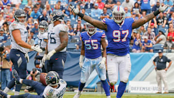 NASHVILLE, TENNESSEE - OCTOBER 06: Jordan Phillips #97 of the Buffalo Bills celebrates after sacking quarterback Marcus Mariota #8 of the Tennessee Titans during the first half at Nissan Stadium on October 06, 2019 in Nashville, Tennessee. (Photo by Frederick Breedon/Getty Images)