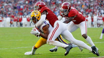 TUSCALOOSA, ALABAMA - NOVEMBER 09: Justin Jefferson #2 of the LSU Tigers is tackled by Trevon Diggs #7 of the Alabama Crimson Tide short of the goal line during the first half in the game at Bryant-Denny Stadium on November 09, 2019 in Tuscaloosa, Alabama. (Photo by Kevin C. Cox/Getty Images)